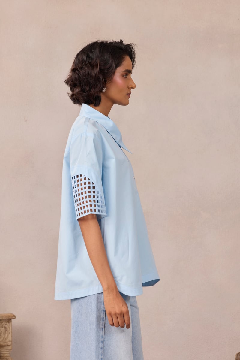 Frost Blue A-Line Shirt with Geometric Mesh Sleeve Inlay