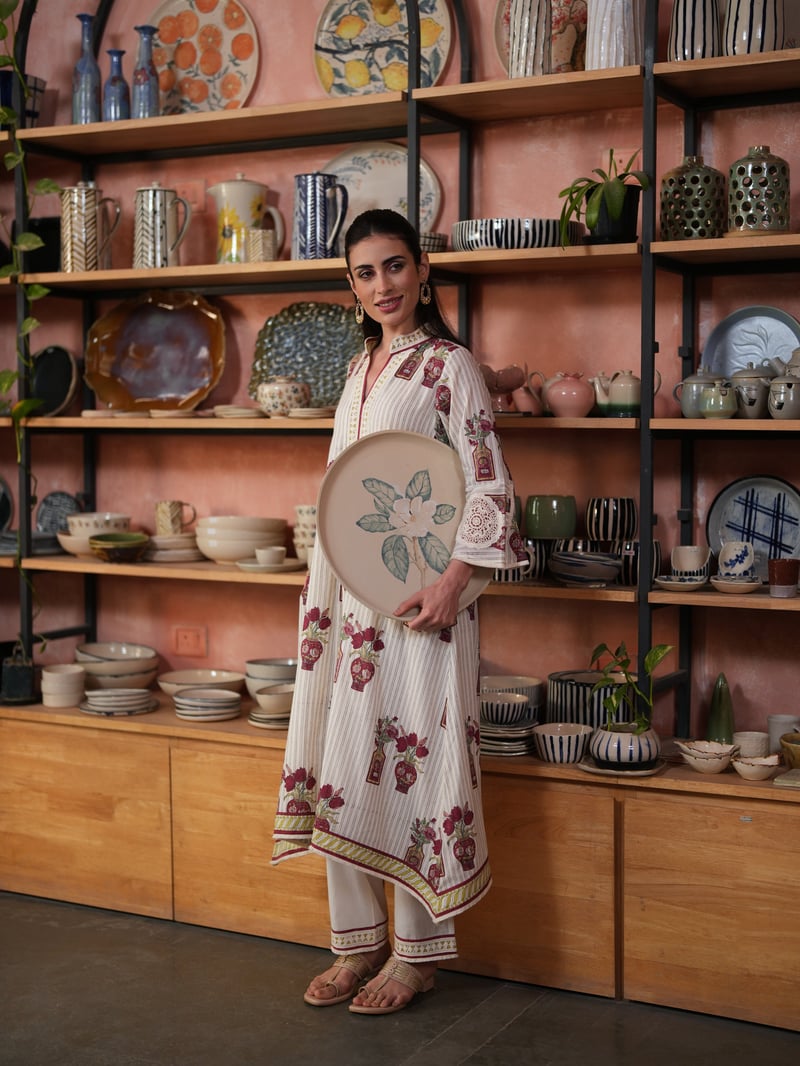 Multicolor Asymmetrical V-Neck Printed Cotton Kurta Set