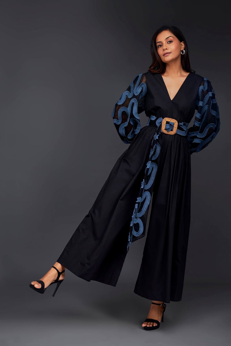 Black and Blue Applique Culotte Jumpsuit
