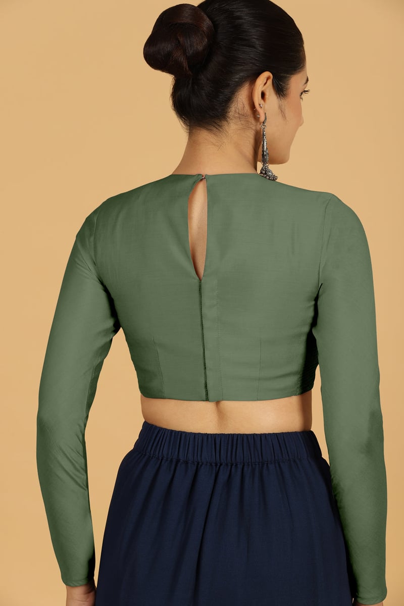 Hunter Green Full Sleeve Round Neck Saree Blouse