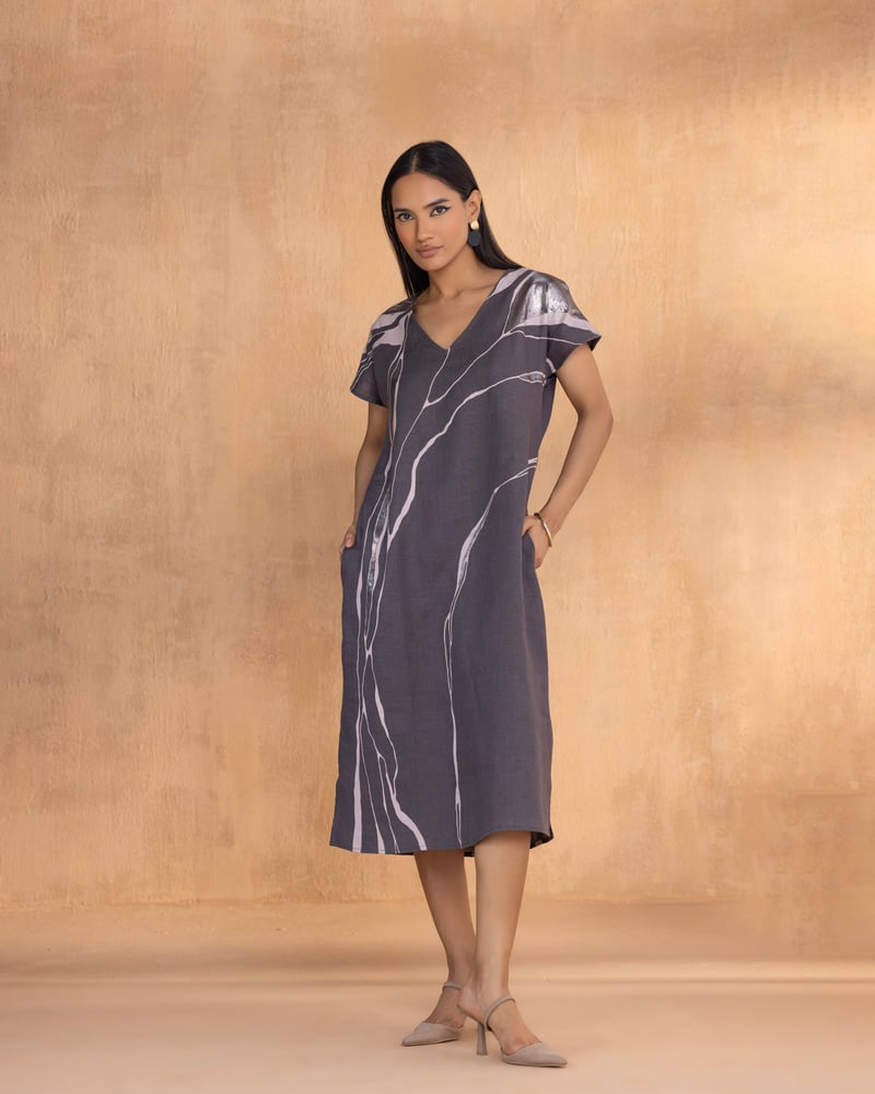 Charcoal Abstract Print Linen Midi Shift Dress