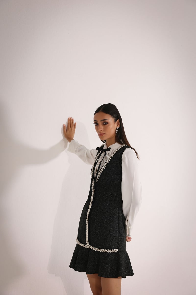 Black/Ivory Tweed Pearl-Trim Mini Dress with Bow