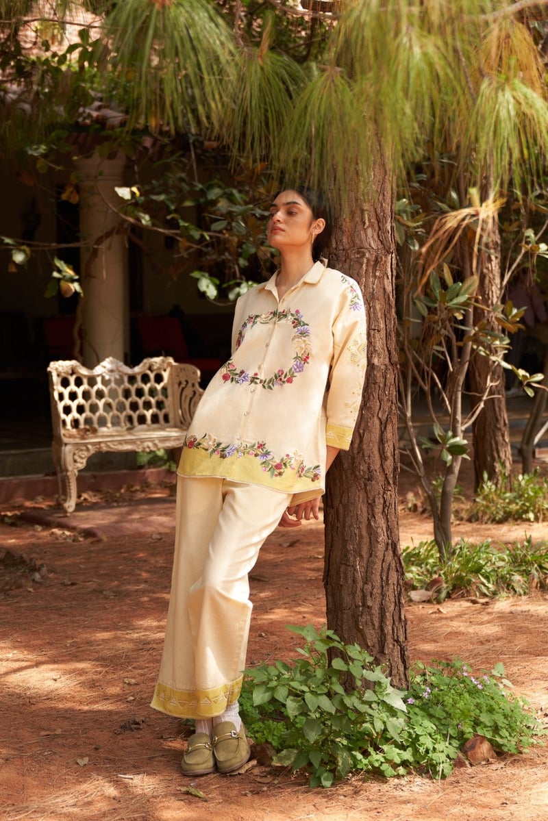 Beige Embroidered Shirt and Wide-Leg Pants Co-ord Set