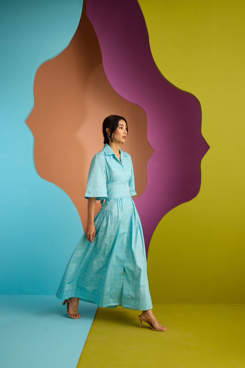Pastel Blue Printed Fit and Flare Maxi Shirt Dress