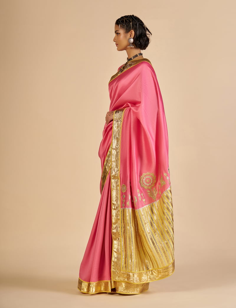 Pink Silk Chanderi Saree with Yellow Pallu and Gold Border