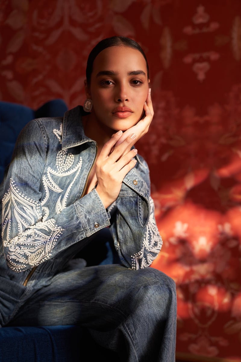 Blue Denim Zip-Front Embroidered Jumpsuit