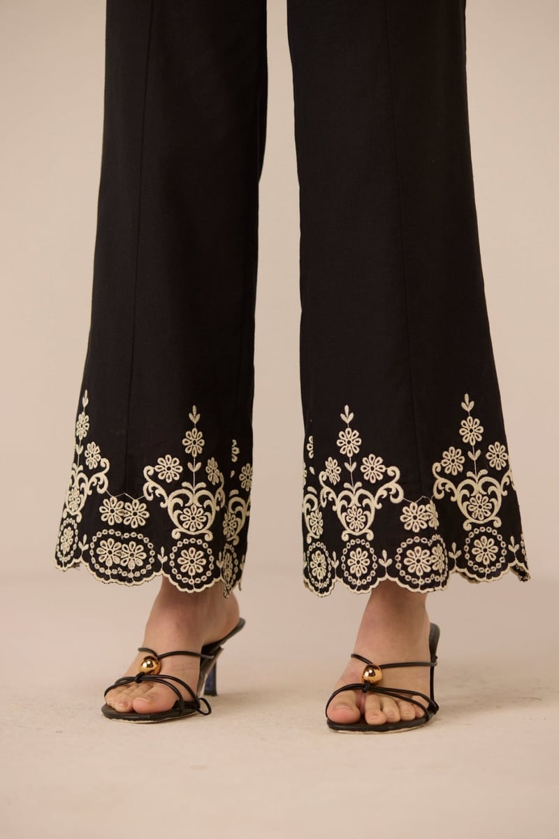 Black Wide-Leg Trousers with Embroidered Scallop Hem