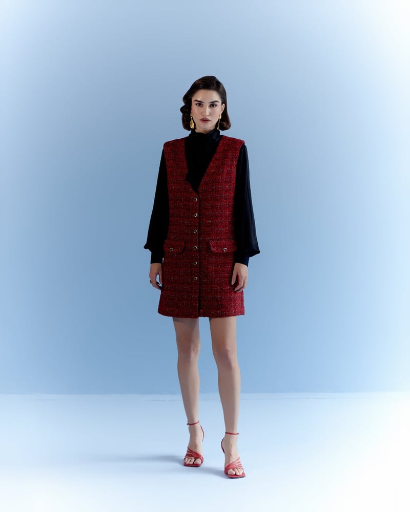 Red Tweed V-Neck Button-Front Mini Dress