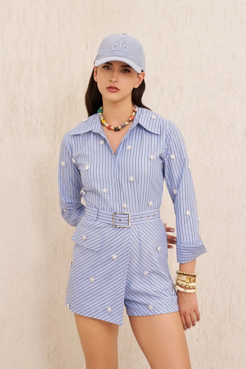 Blue Striped Pearl Embellished Shirt Romper with Belt