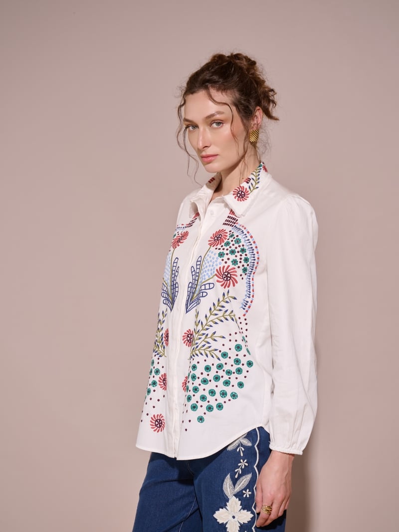 White Embroidered Cotton Button-Down Shirt