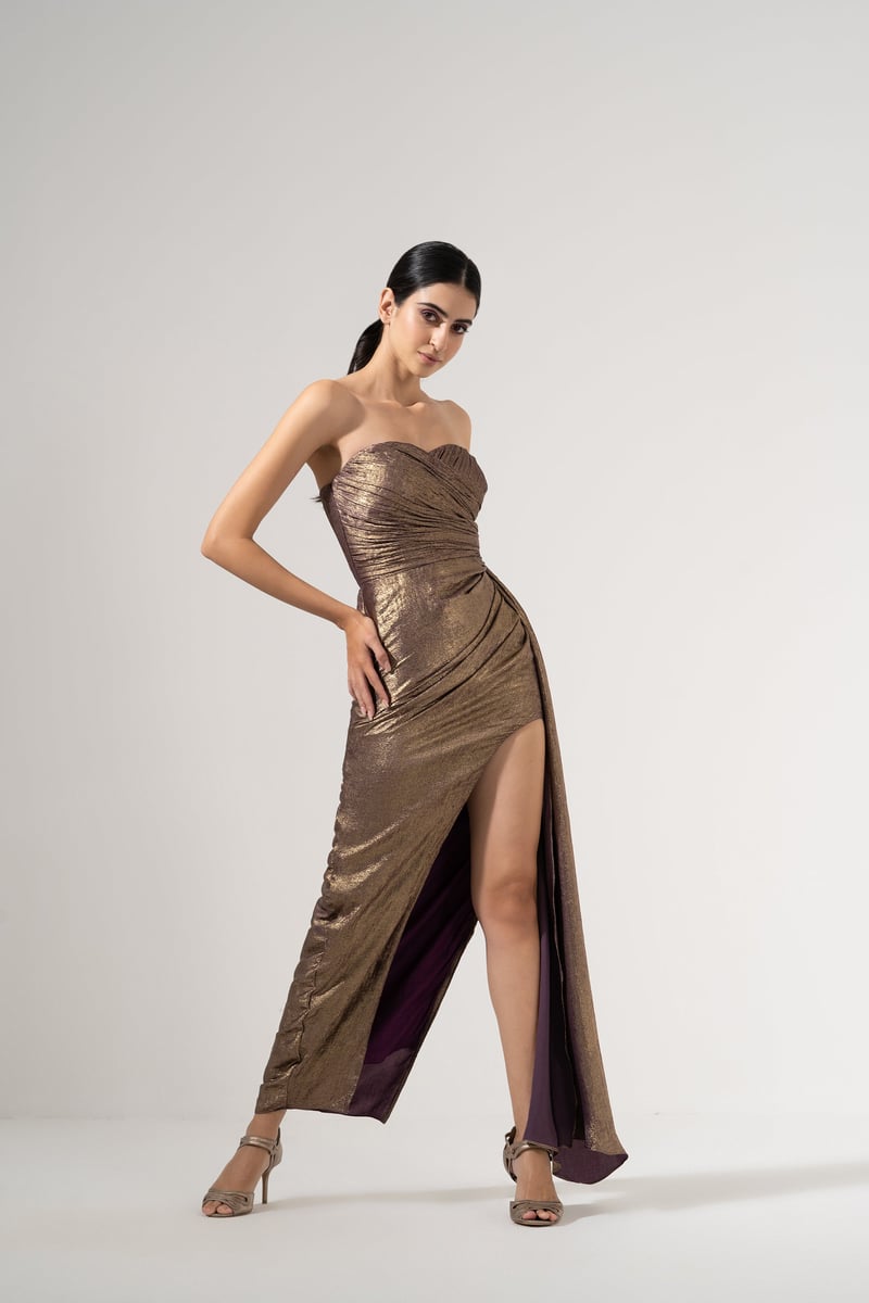 Gold Plum Metallic Sweetheart Strapless Maxi Gown