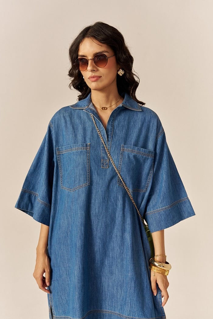 Blue Cotton Slub Denim Relaxed Mini Shirt Dress