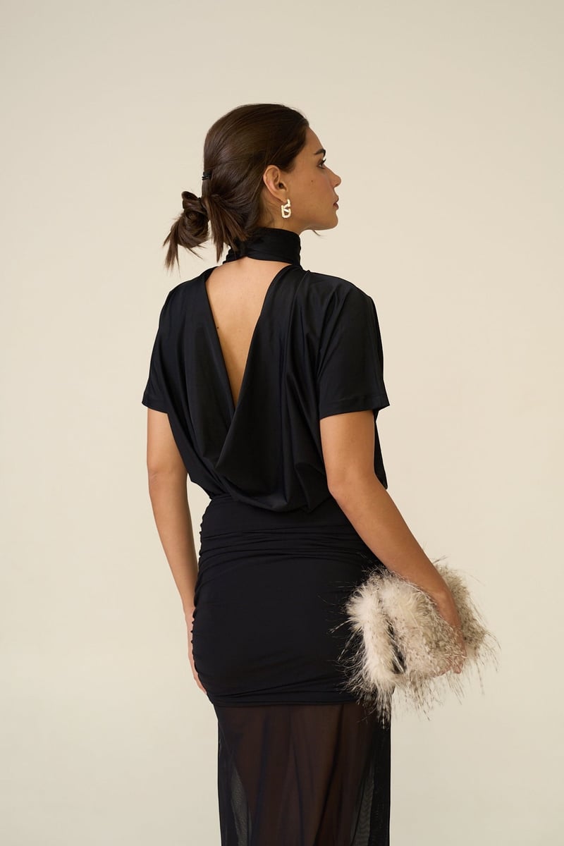Black Turtleneck Top with Dramatic Open Cowl Back