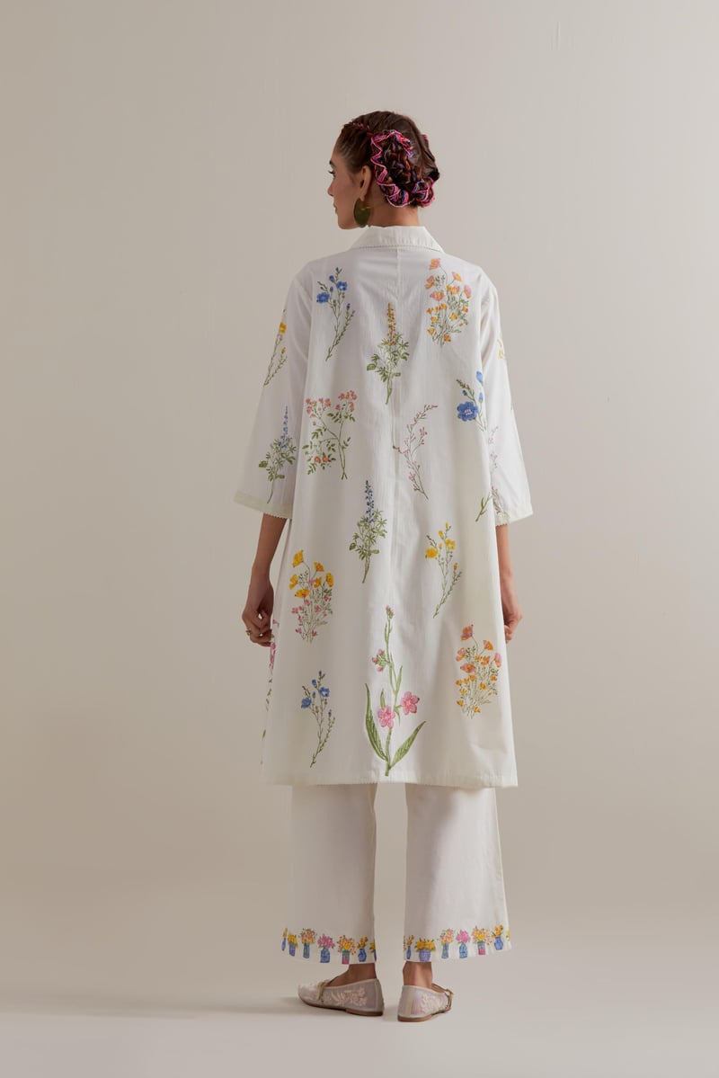 Off-White Floral Block Print A-Line Kurta Set with Dupatta