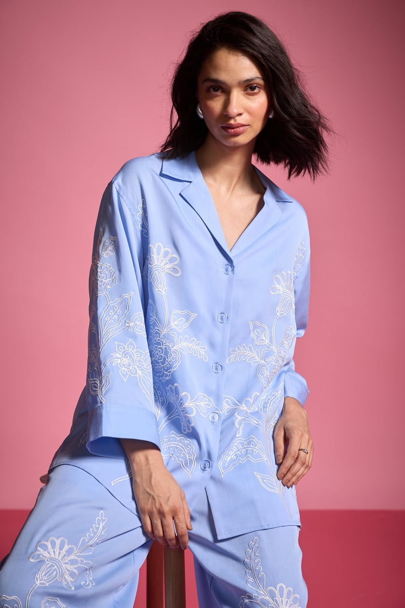 Pastel Blue Tencel Placement Embroidered Relaxed Fit Shirt