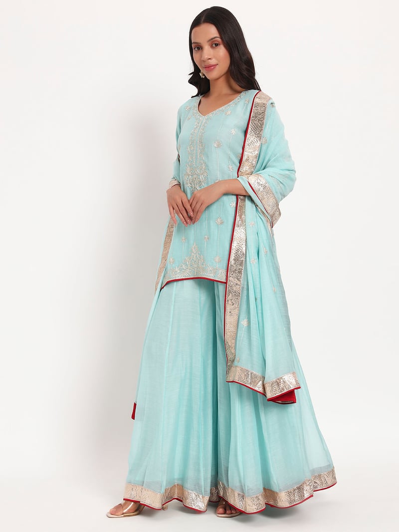 Aqua Mal Chanderi Embroidered Kurta Sharara Set