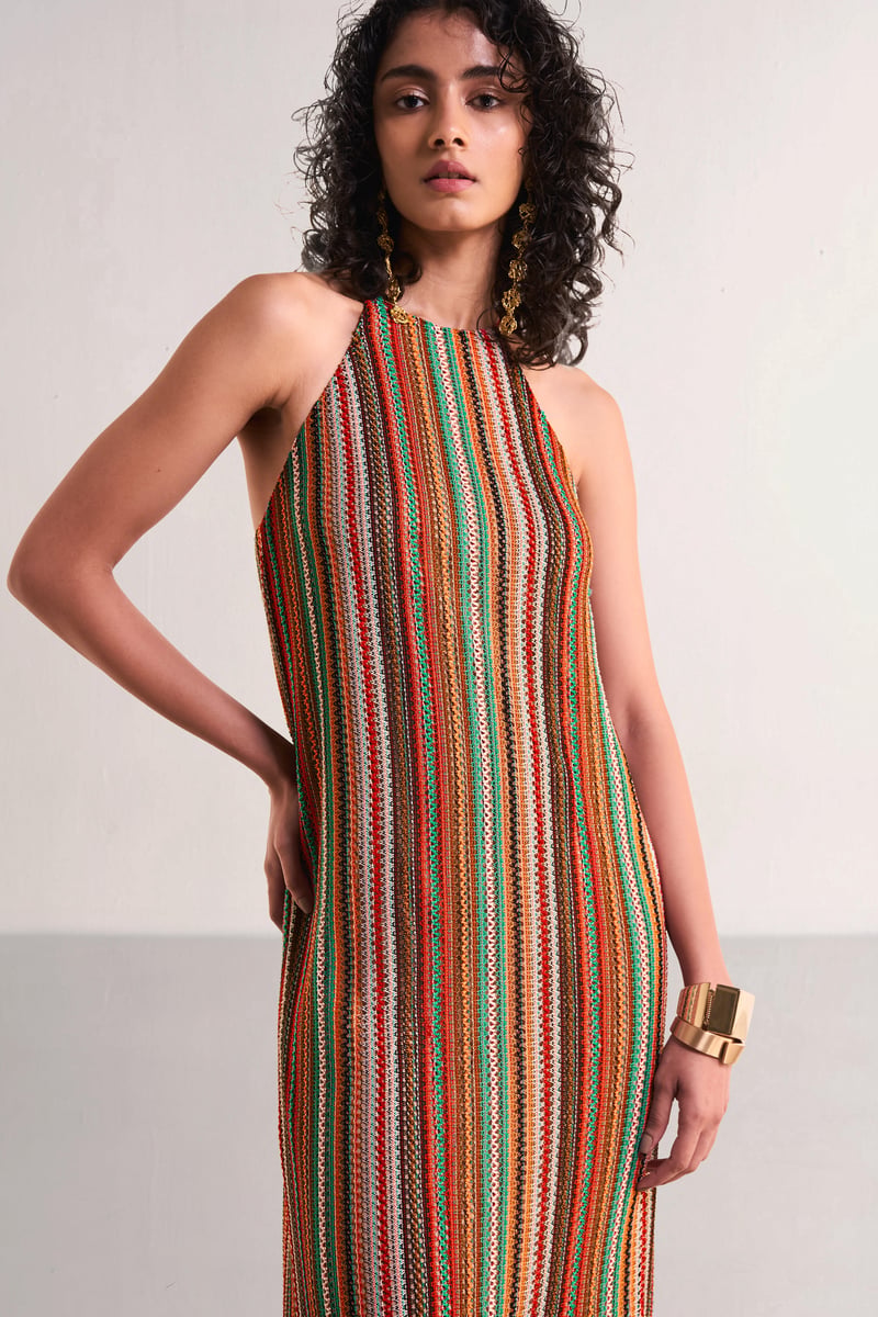 Multicolour Halter Neck Fringe Crochet Knit Midi Dress
