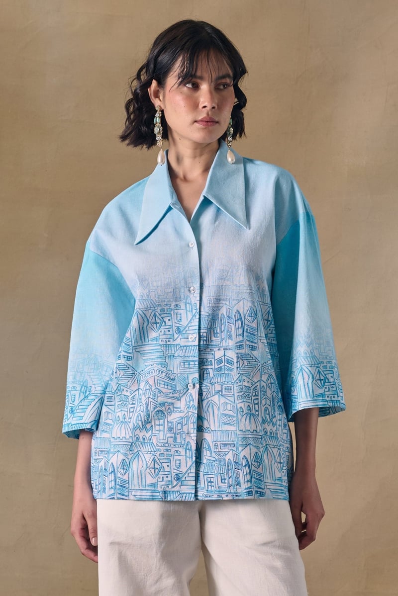 Blue Landscape Printed Relaxed Fit Kimono Shirt — Pocketful Of Cherrie