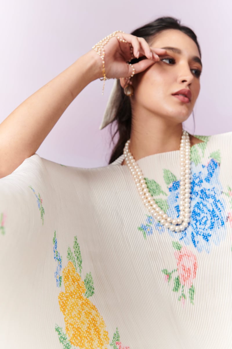 Ivory Pleated Satin Cape with Floral Motifs