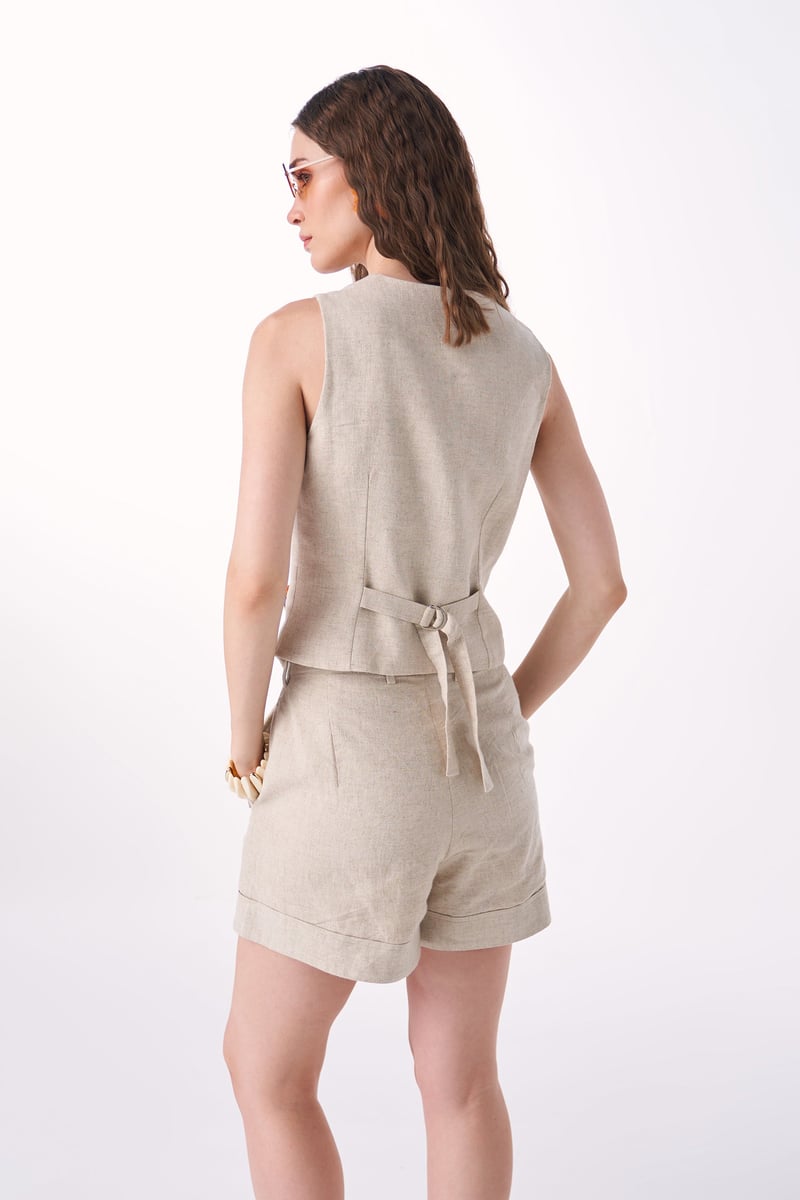 Neutral Linen Hand-Embroidered Floral Waistcoat