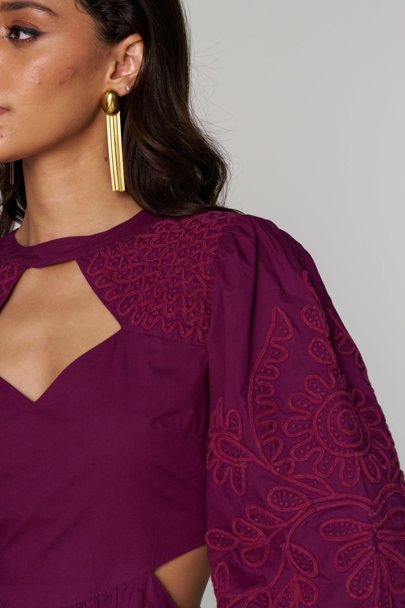 Purple Embroidered Keyhole Neck Tiered Mini Dress
