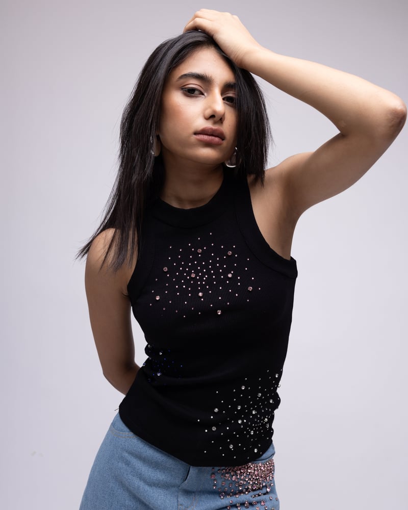 Black Ribbed High Neck Rhinestone-Embellished Tank Top