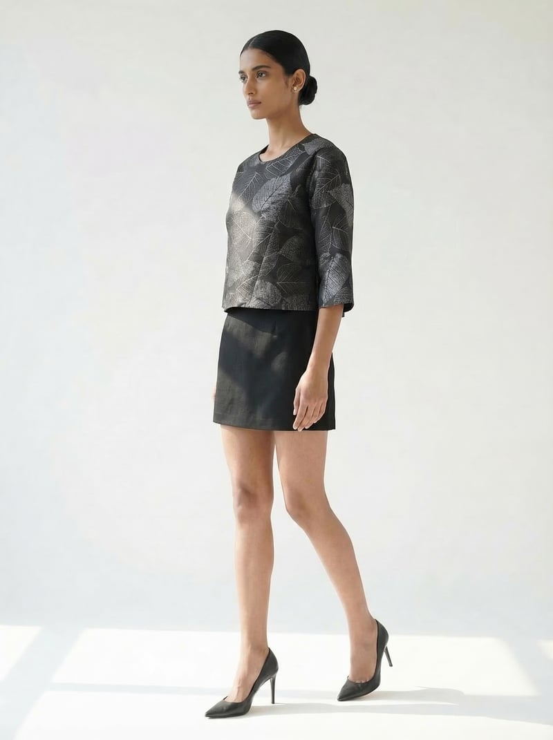 Grey/Black Leaf Jacquard Boxy Crop Top