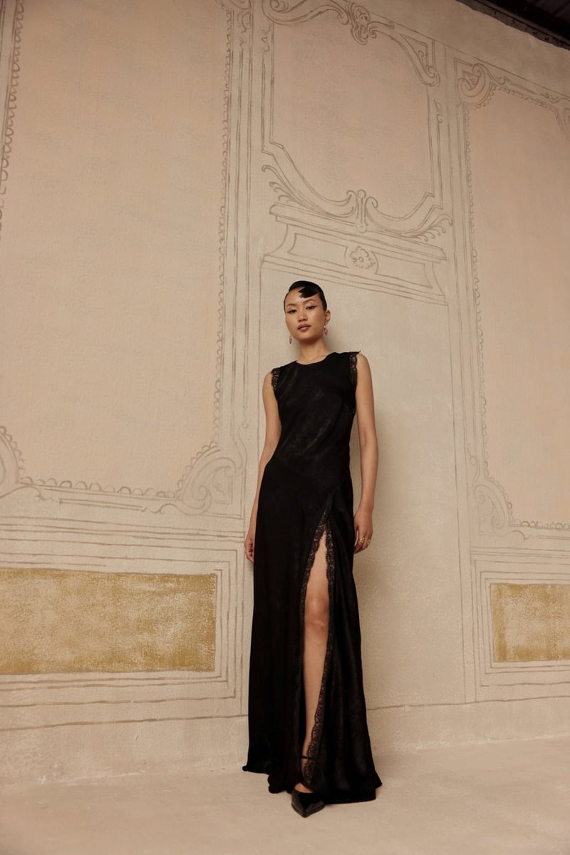 Black Satin Bias-Cut Maxi Gown with Lace Slit