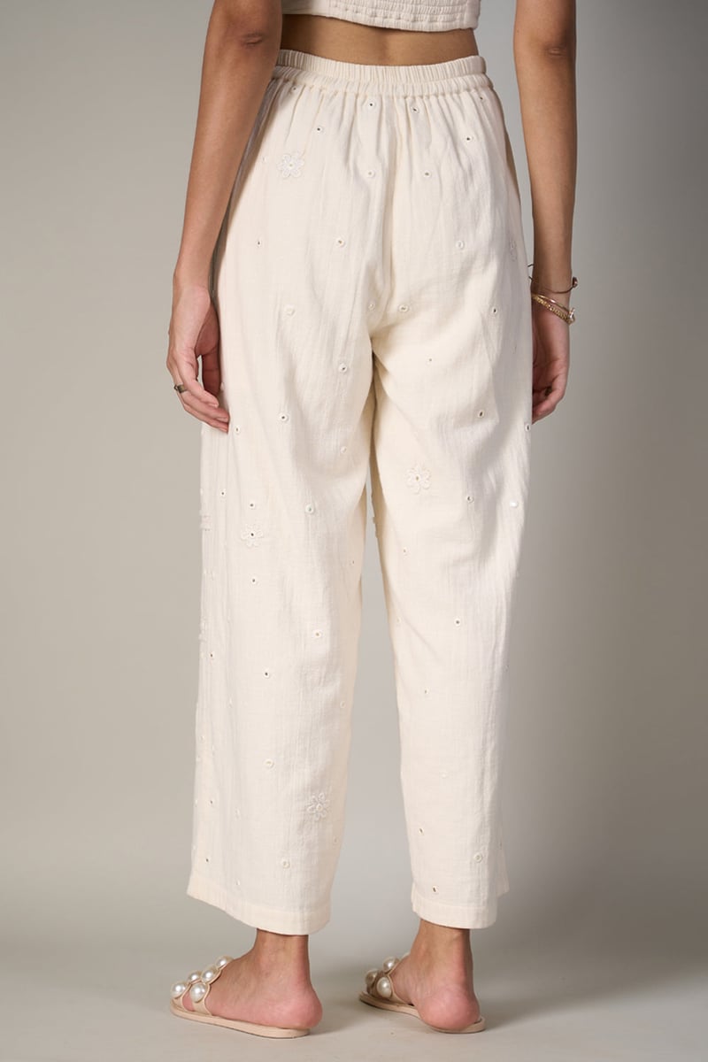 White High-Waist Wide-Leg Mirror Work Pants