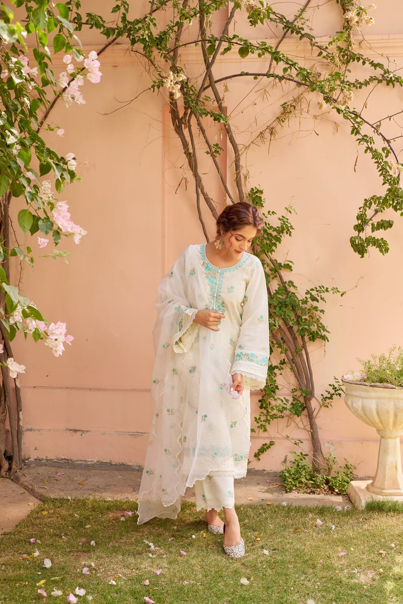 Ivory Chanderi Embroidered Straight Suit Set with Dupatta