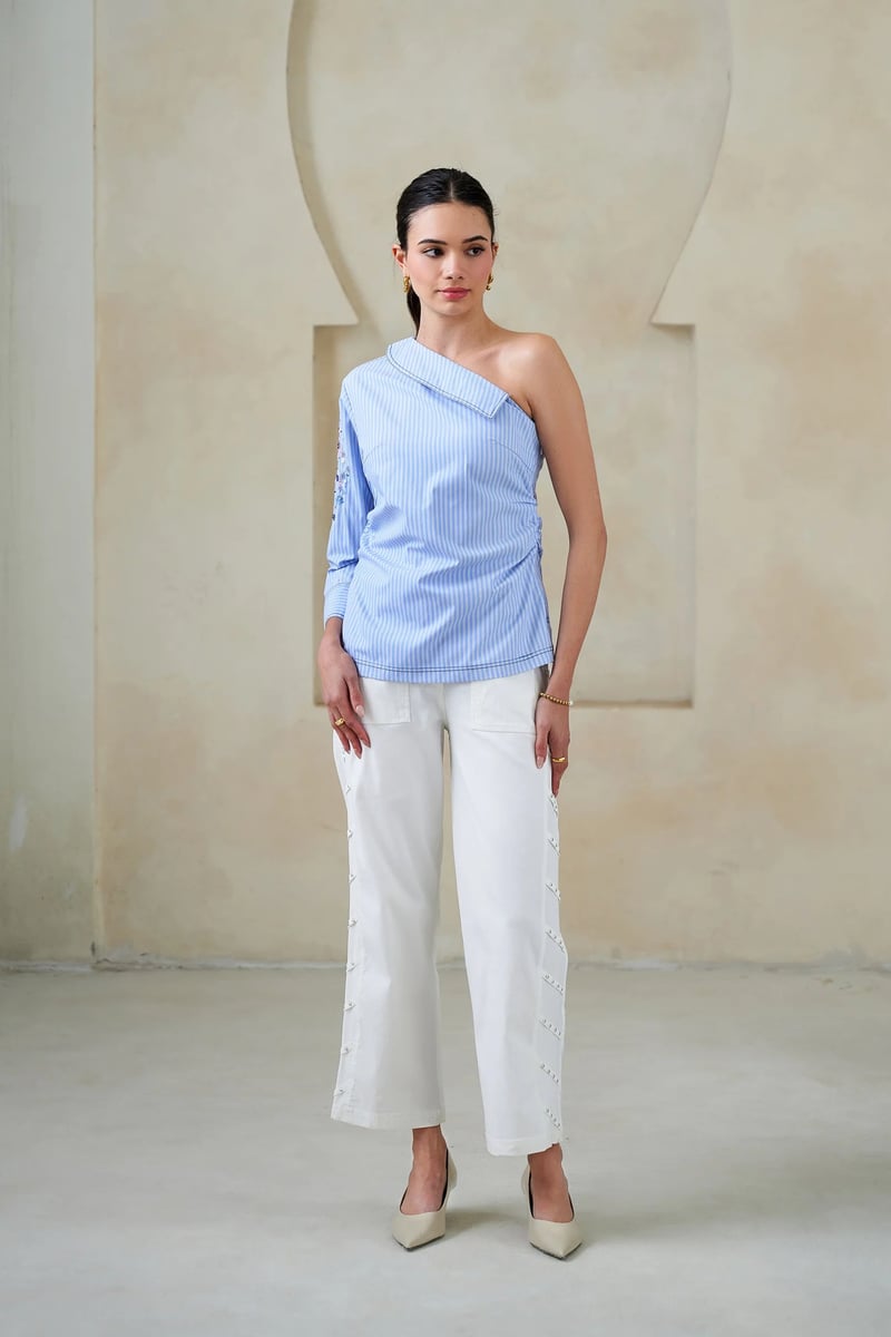 Blue One-Shoulder Striped Cotton Top with Sequin Sleeve