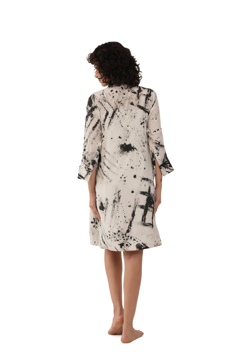 White/Black Silk Abstract Printed Longline Shirt