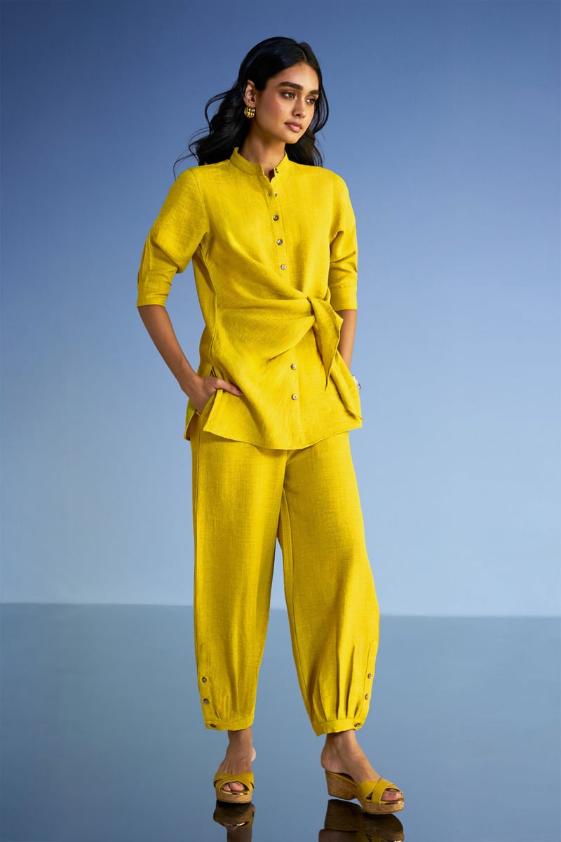 Chartreuse Linen-Blend Side-Tie Button-Down Longline Top