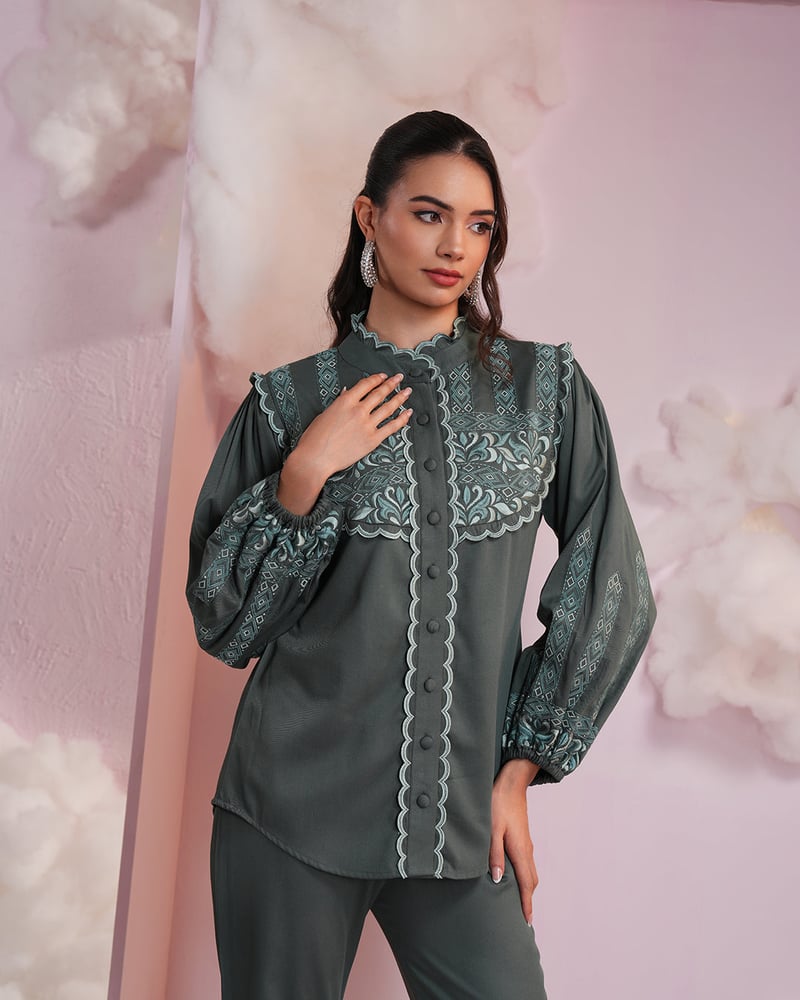 Bottle Green Embroidered Shirt and Flared Pants Co-ord Set