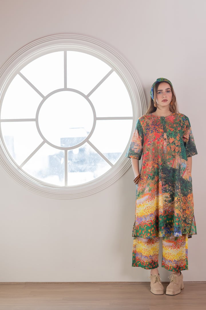 Multicolor Scenic Print Cotton Cambric Kurta Set