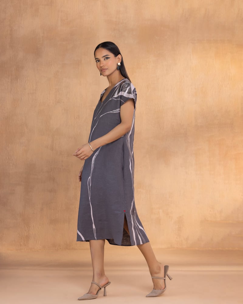 Charcoal Abstract Print Linen Midi Shift Dress