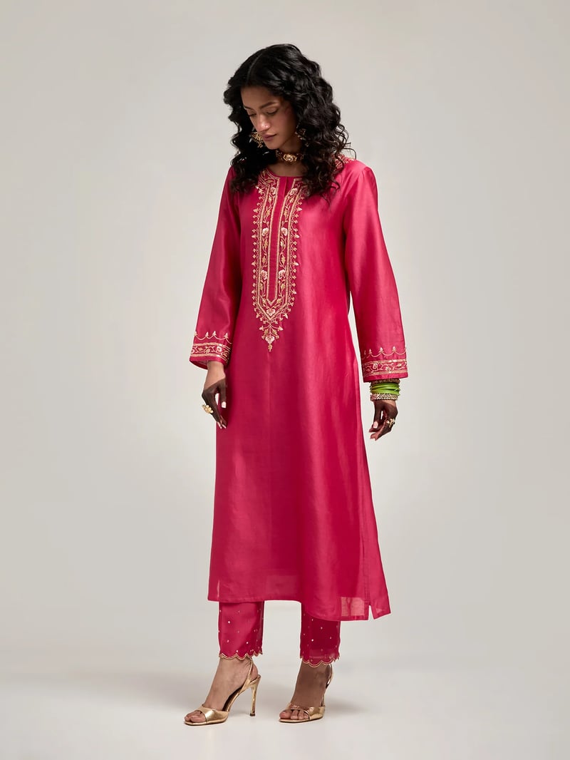Fuchsia Silk Chanderi Embroidered Kurta Set with Pants