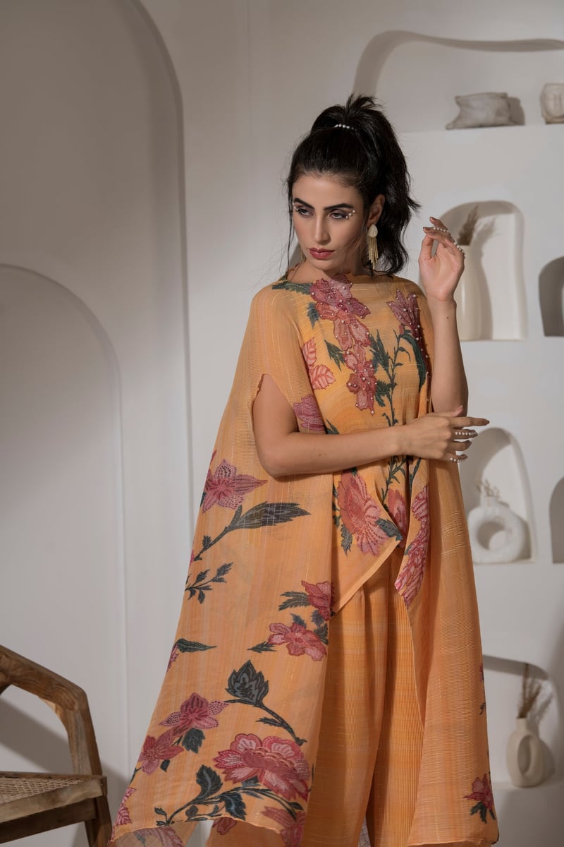 Yellow Floral Lurex Kaftan Kurta Set with Wide-Leg Pants