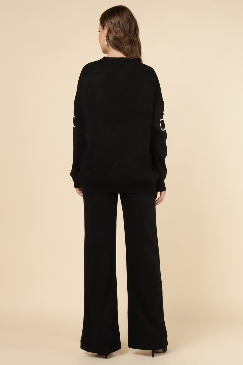 Black Knit Button-Front Top and Wide-Leg Pants Co-ord Set
