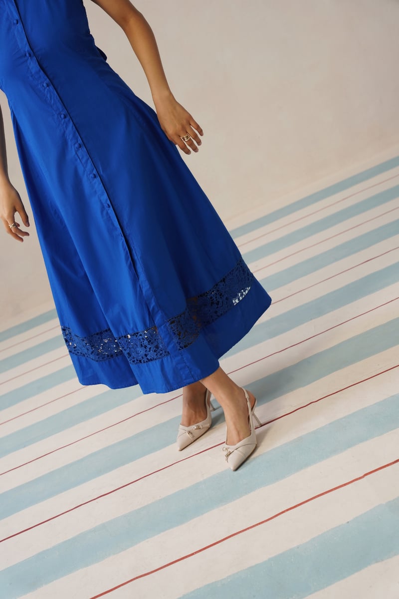 Blue Halter Collared Button-Down Midi Dress