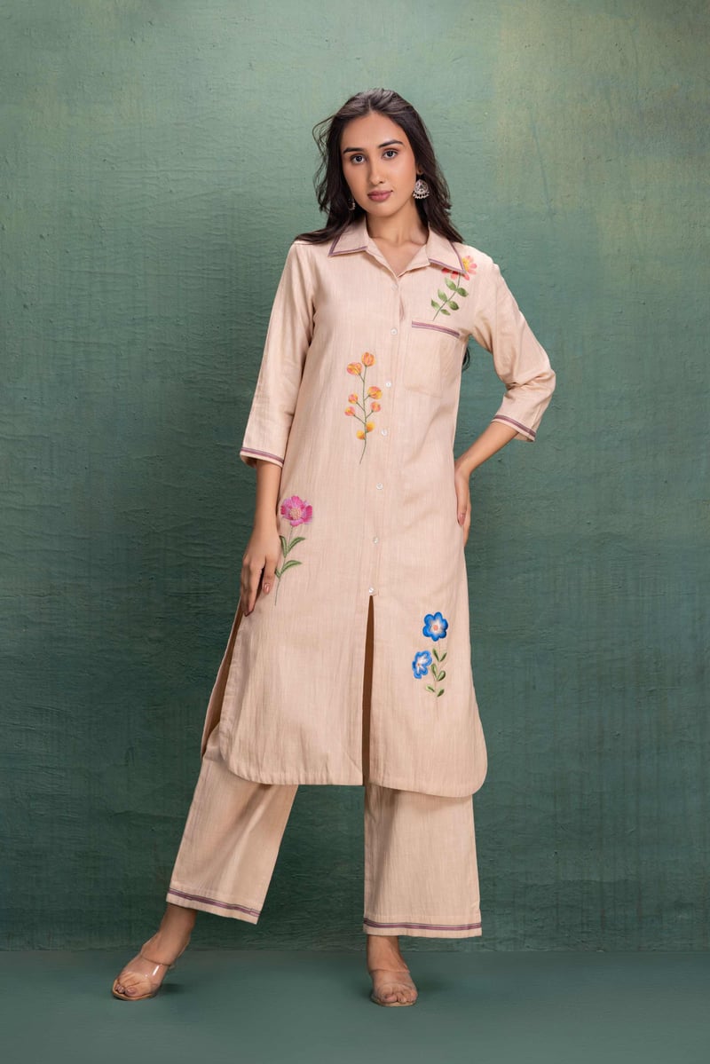 Beige Machine Embroidery Coord Set