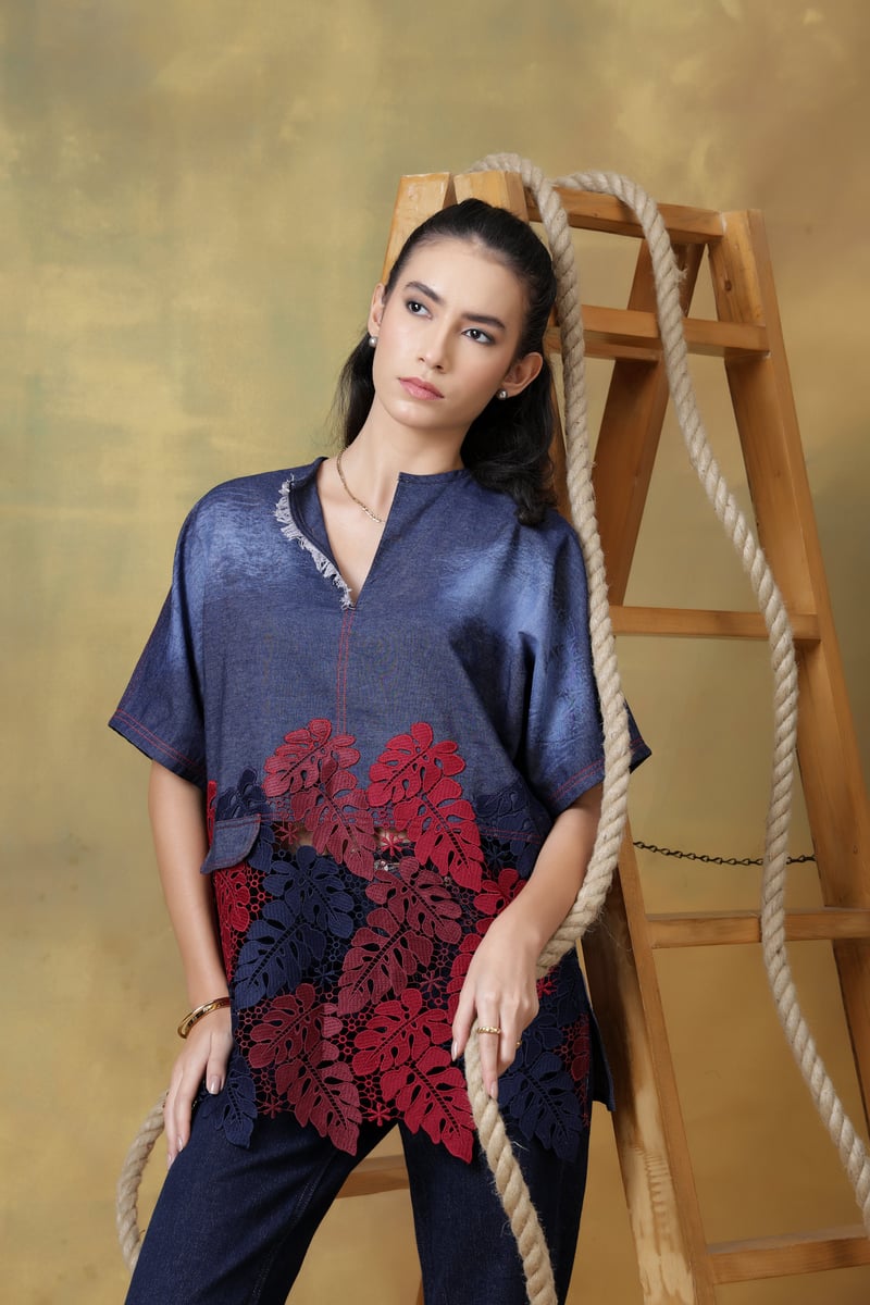 Dark Denim Oversized Top with Burgundy Lace Panel