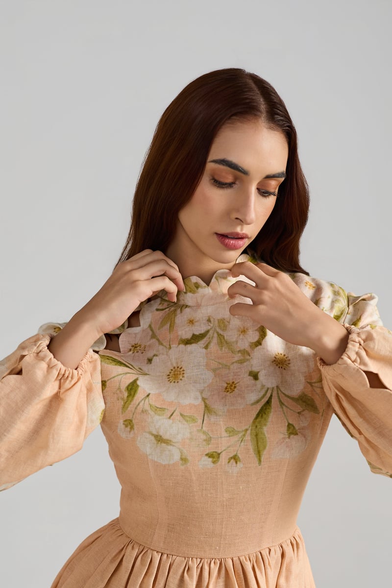 Peach Floral High Neck Fit and Flare Mini Dress
