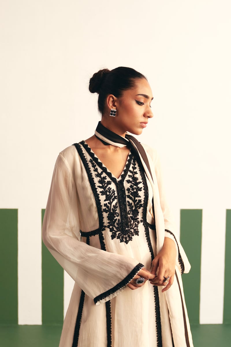 Ivory Anarkali Kurta Set with Black Embroidery