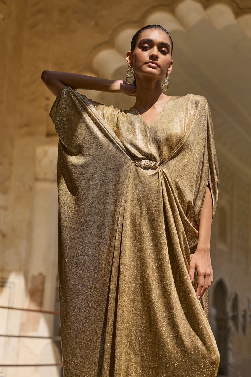 Gold Metallic Draped Maxi Kaftan with V-Neck