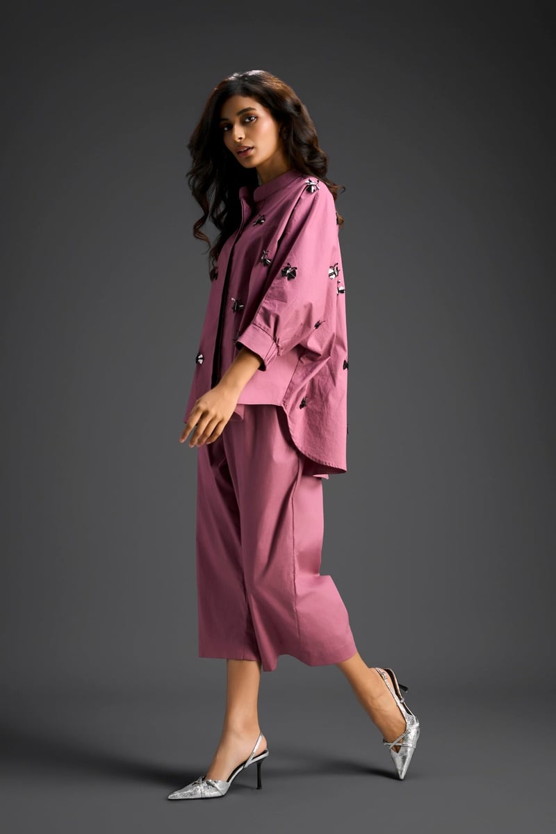 Pink Butterfly Embellished Pleated Shirt & Pants Set