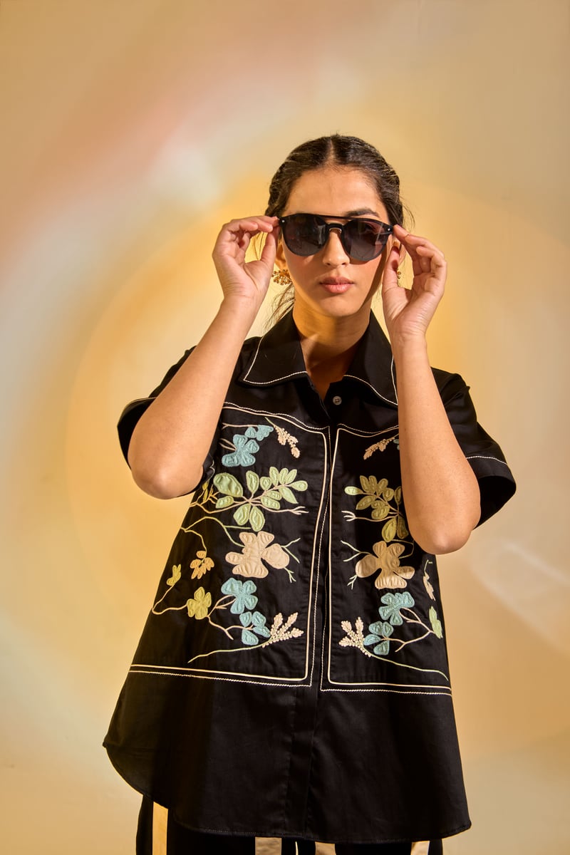 Black Cotton Satin Patchwork Embroidered Co-ord Set
