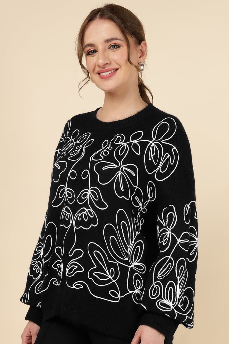 Black Abstract Line-Art Relaxed Fit Sweater