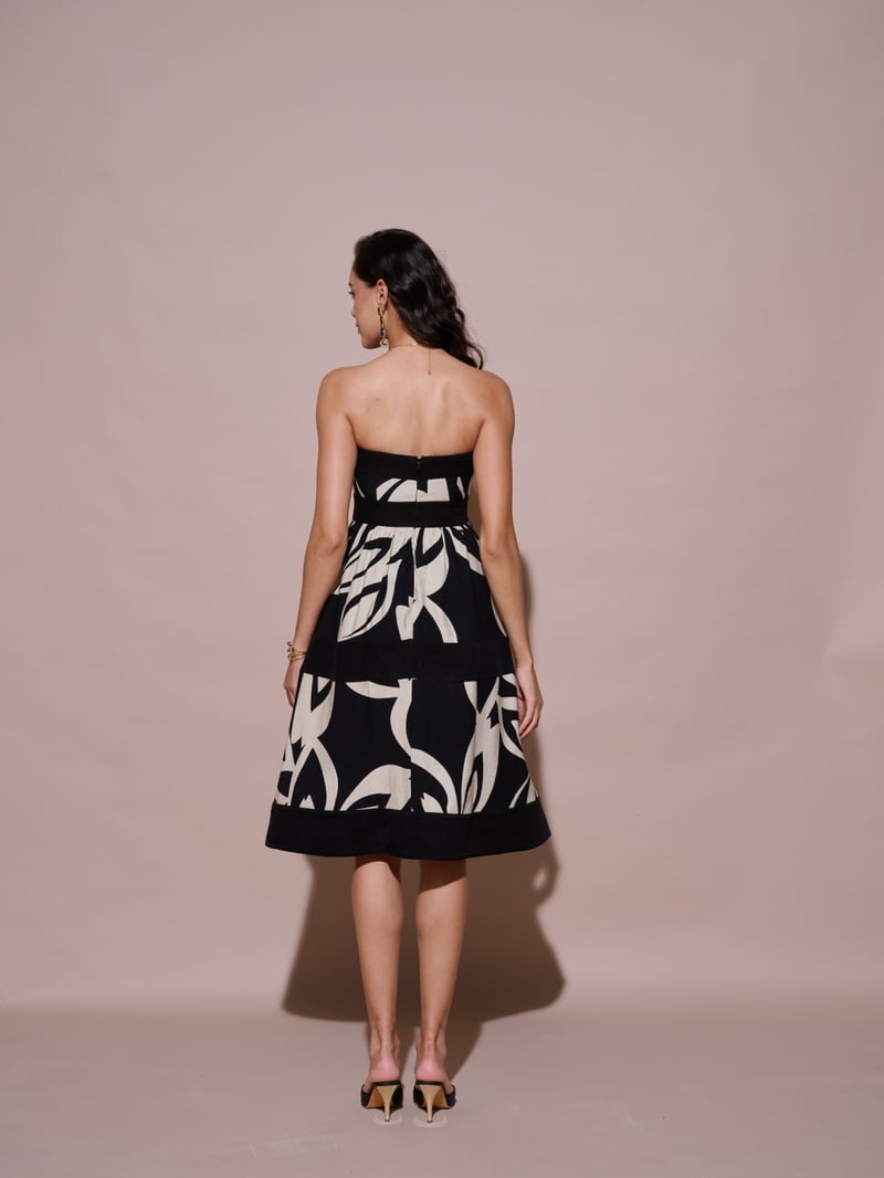 Black Strapless Abstract Print Midi Fit and Flare Dress