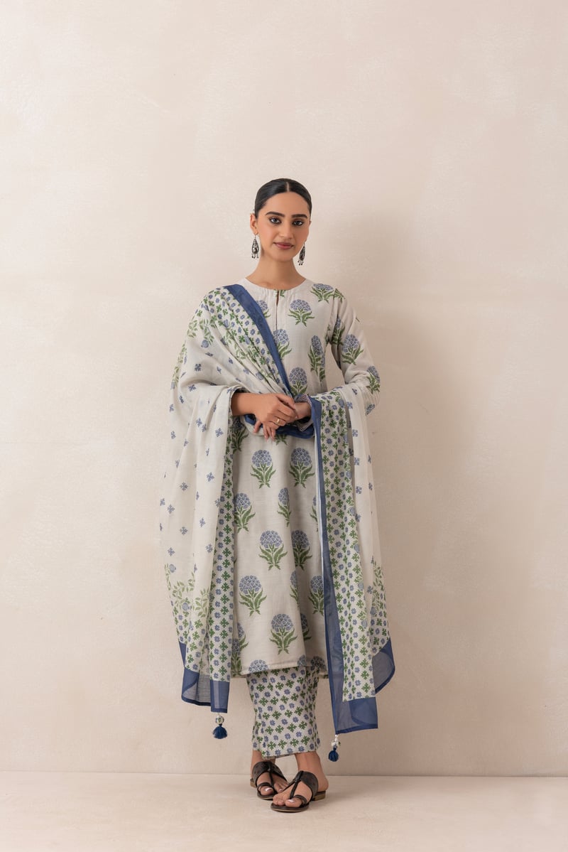 Grey and Blue Floral Buta Printed Kurta Set with Dupatta